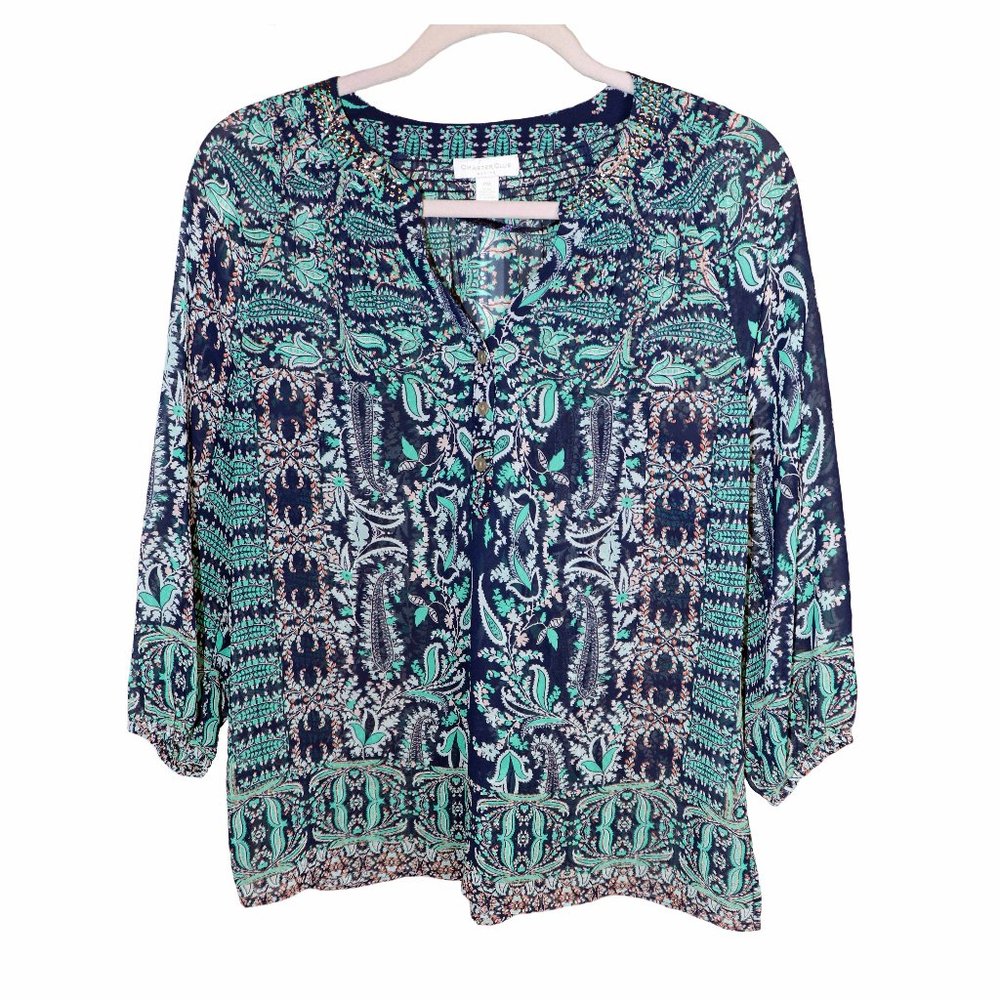 Gorgeous Charter Club Sheer Multicolor Paisley 3/4 Sleeve Blouse Size PM EUC